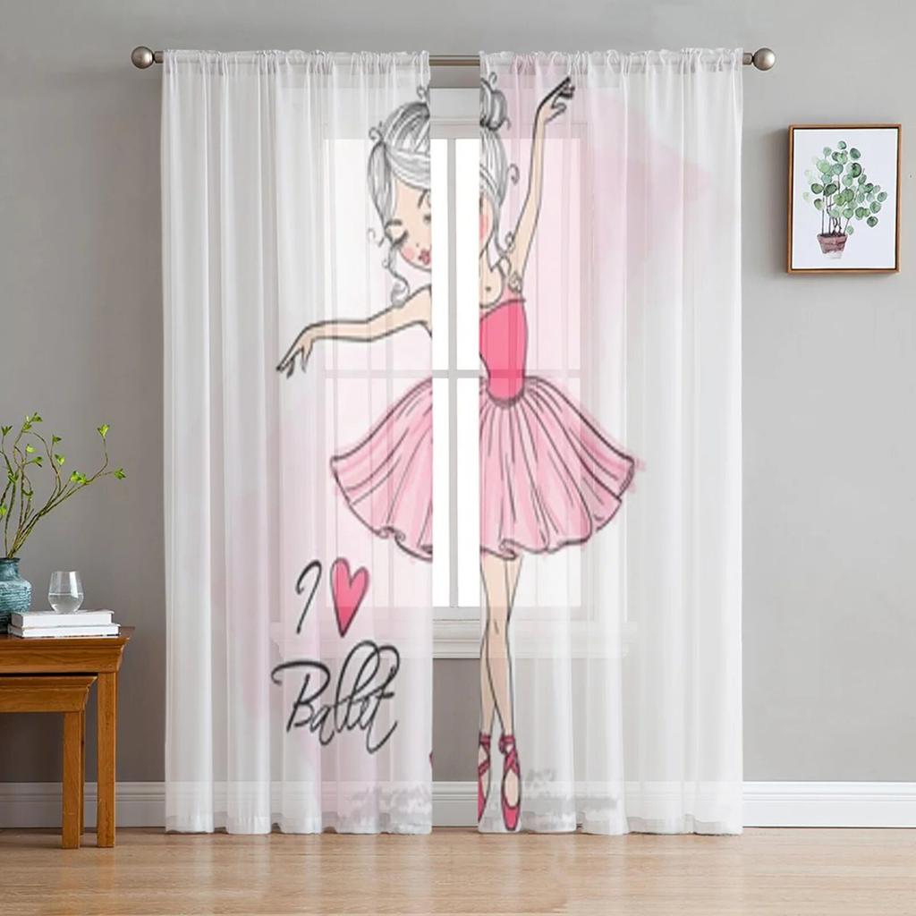 Ballet Dancer Girl Pink Flower Sheer Curtains Window Curtains for Living Room Bedroom Blinds Kids Room Home Decor