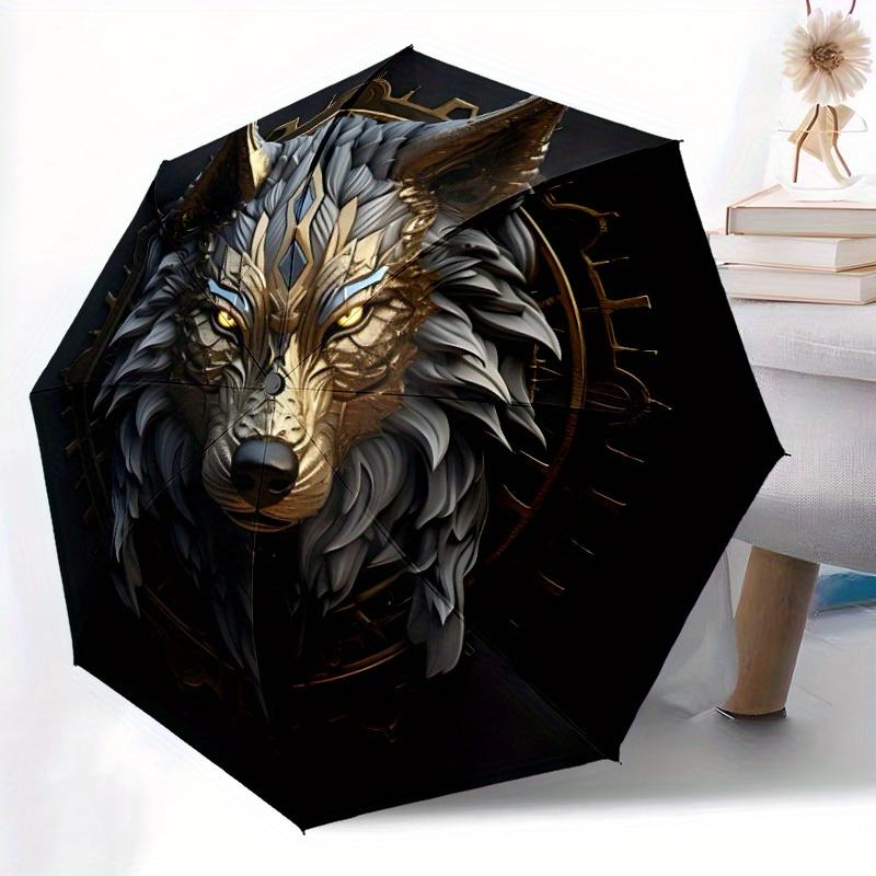 1pc Wolf Emblem Compact Travel Umbrella, Automatic Folding Lightweight Windproof 8-Bone Reinforced Design,012149