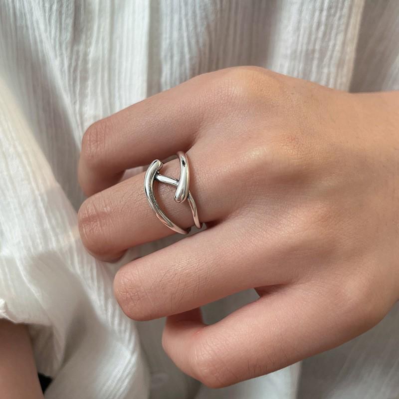Koreanischer Stil S925 Versilberter Geometrischer Offener Fingerring - Damen Vintage Hip Hop Schmuck für Zeige- oder Ringfinger.