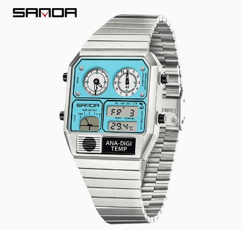 SANDA 3192 Men's Digital LED Watch Square Dial Dual Display Multi-functional Temperature Measurement Sporty Male Wristwatch Gift