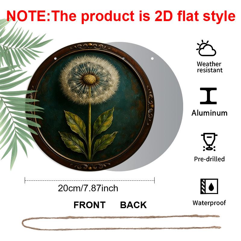 2D Flach, 1 Stück Vintage Aluminium Metallschild Wandkunst, Pusteblumendesign mit Türkisblauem Hintergrund & Verziertem Goldenem Rahmen, 7,87 Zoll Innen-/Außenbereich Zuhause Café