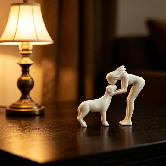 Kvinna och Hund Skulptur 3D-printad Bordsdekoration Kvinnor som Pussar Hund Figur för Vardagsrum Kontor Hem Skrivbord Hylla Dekor