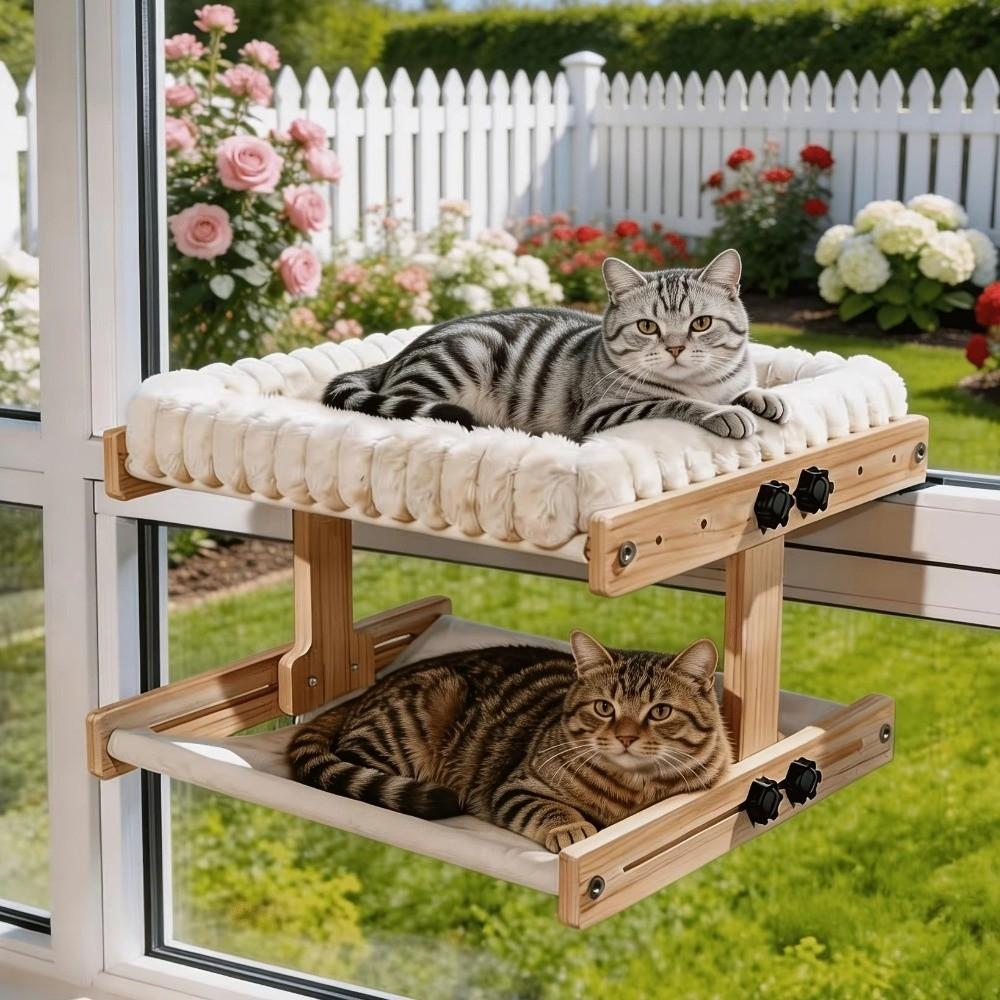 Wooden Frame Cat Window Bed Plush Cushion Hanging Cat Bed Easy To Assemble Cat Hammock Bedroom