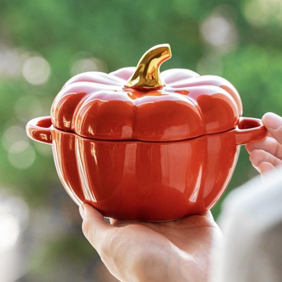 Pumpkin Bowl with Double Handles Stackable Ceramic Pumpkin Soup Bowls Glossy Enamel Pumpkin