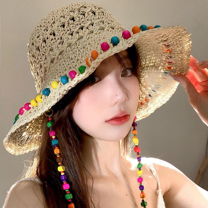 Summer Women's Seaside Beach Sun Hat Ethnic Style Big Brim Holiday Style Bucket Hat Showing Face Small Sunscreen Straw Hat