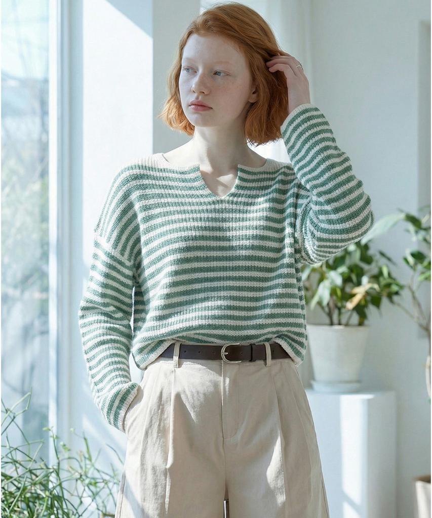 Seuneogeuyu 100% Cotton Boat Neck Striped Knit Top