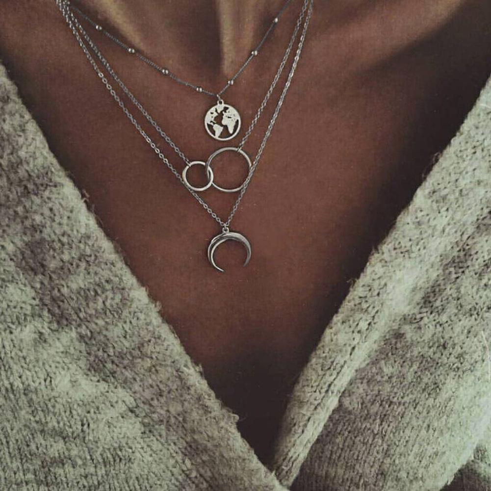 Women Multi-layer Moon Map Necklace Circle Multilayer Alloy Geometric Necklace Charm KTJ