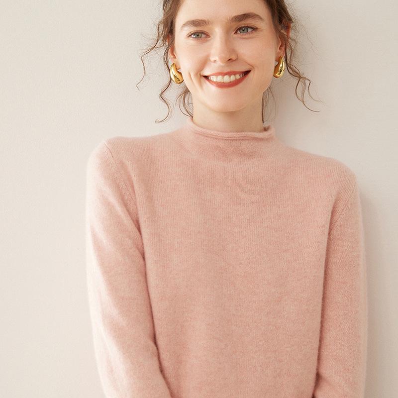 Women's Rolled Hem Cashmere Sweater: Pure Cashmere, Double-Ply, Thick Knit, Half-High Neck, Short, Loose Fit, Versatile Base Layer.