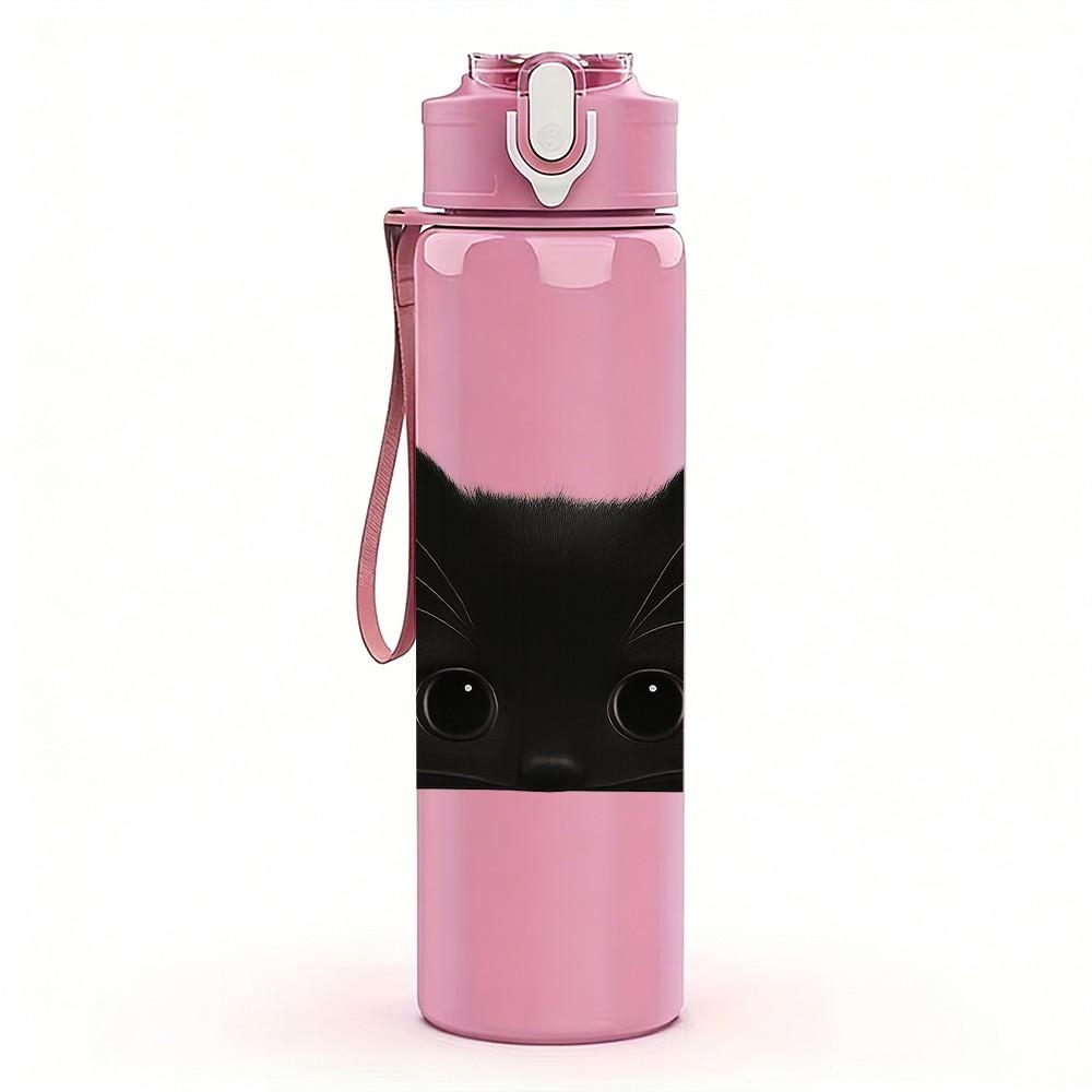 1PC Solid Black Cat Face Pattern 750ml Color Plastic Sports Water Bottle Leakproof Flip Straw Lid Suitable for Sports Office Home Use