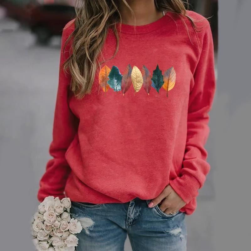 Damen Herbstmode Herbstblattmuster Bedruckter Pullover Pullover Lässiger lockerer Outdoor-Pullover mit Rundhalsausschnitt