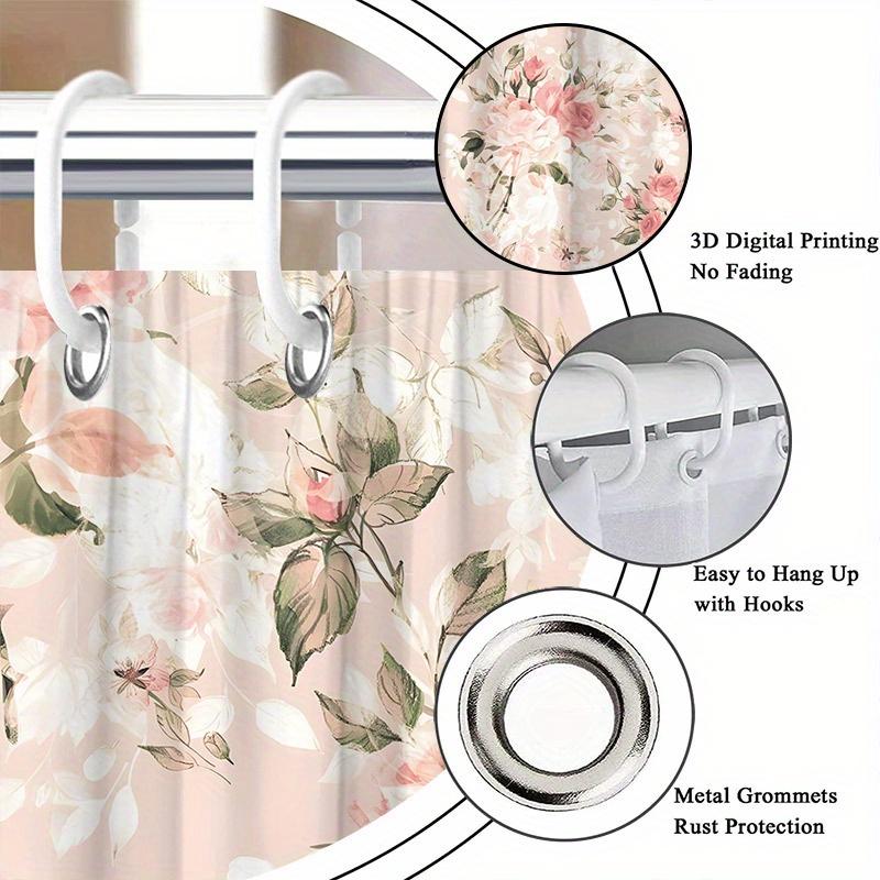 1Pc Pink Rose Flower Pattern Shower Curtain, Polyester Fabric, Machine Washable, Suitable For Bathroom Decoration