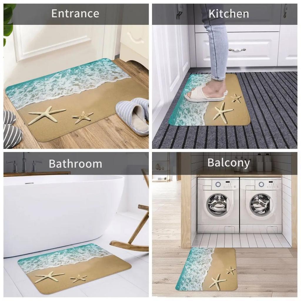 Ocean Beach Starfish Scenery Welcome Entrance Doormat Decor Kitchen Hallway Balcony Long Rug Bathroom Anti-slip Flannel Foot Pad