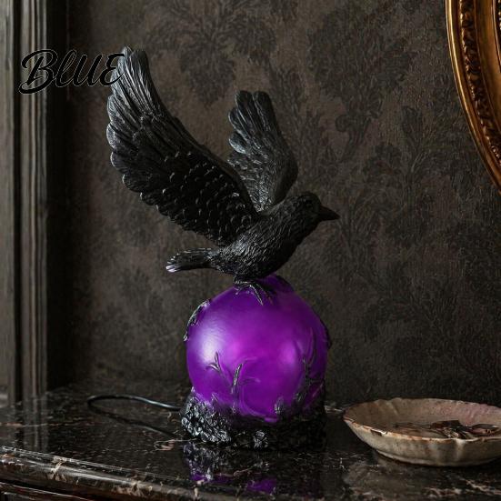 Gothic Home Decor Raven LED Ball Lamp Mysterious Crow on Orb Sculpture Statement Table Lamp Halloween Decorative for Bedside Bedroom Living Room