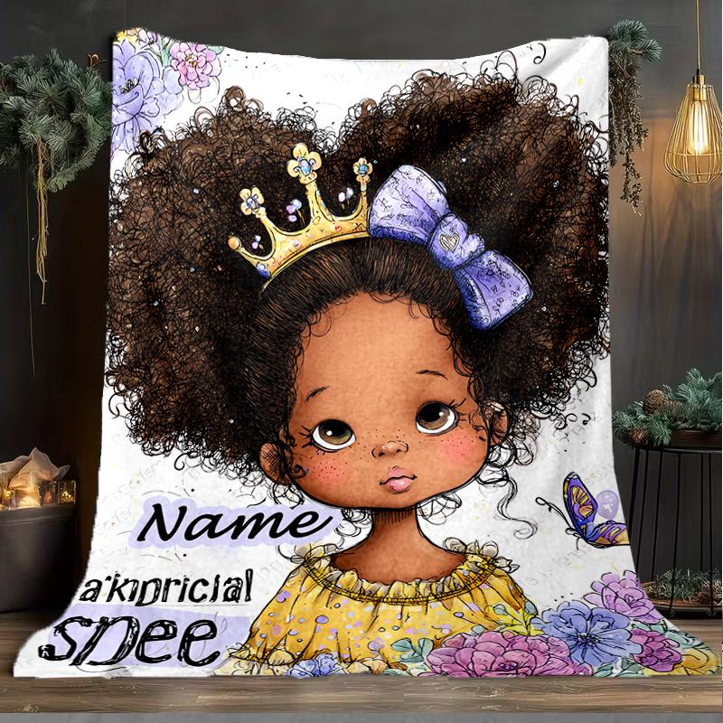 1PC Custom Name Princess Curly Hair Butterfly Outdooor Flannel Blankets Patterns Throw Blanket All-Season Soft Gift for Couch, Bed, Camping Gifts