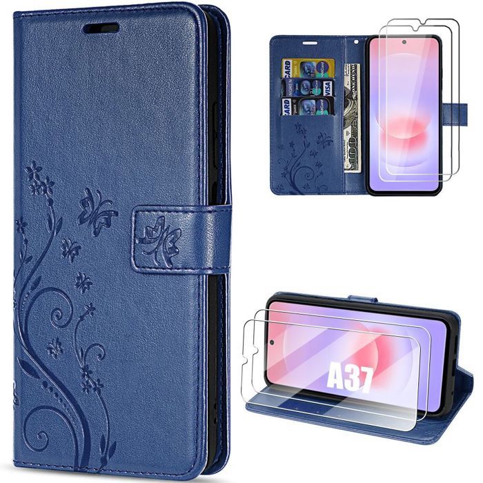 Coque pour Samsung Galaxy A37 5G, Protection Antichoc Cuir PU Bleu Foncé Motif Fleur - 2 Vitres