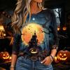 Women's Halloween Print Long Sleeve Neck Pullover T-Shirt for Fall