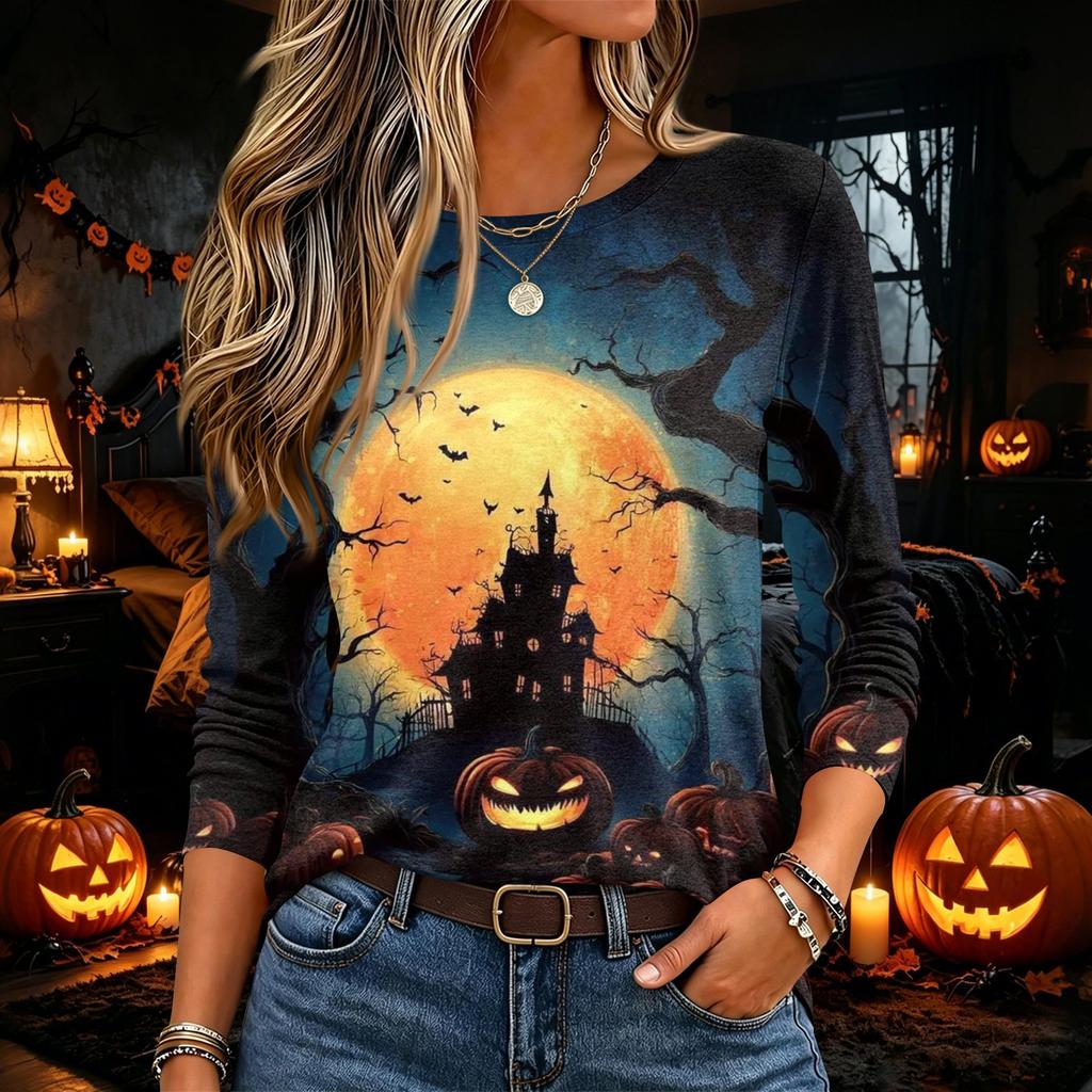 Women's Halloween Print Long Sleeve Neck Pullover T-Shirt for Fall