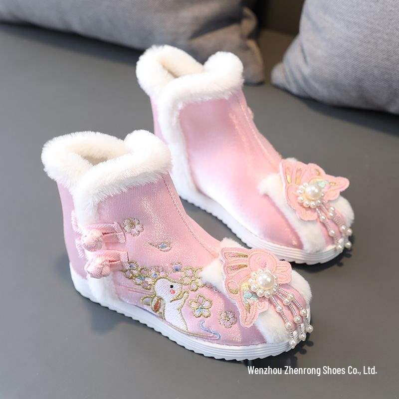 Kids' Hanfu Fleece-Lined Cotton Boots - 2026 Winter Style, Traditional Chinese Embroidered Costume Shoes for Girls