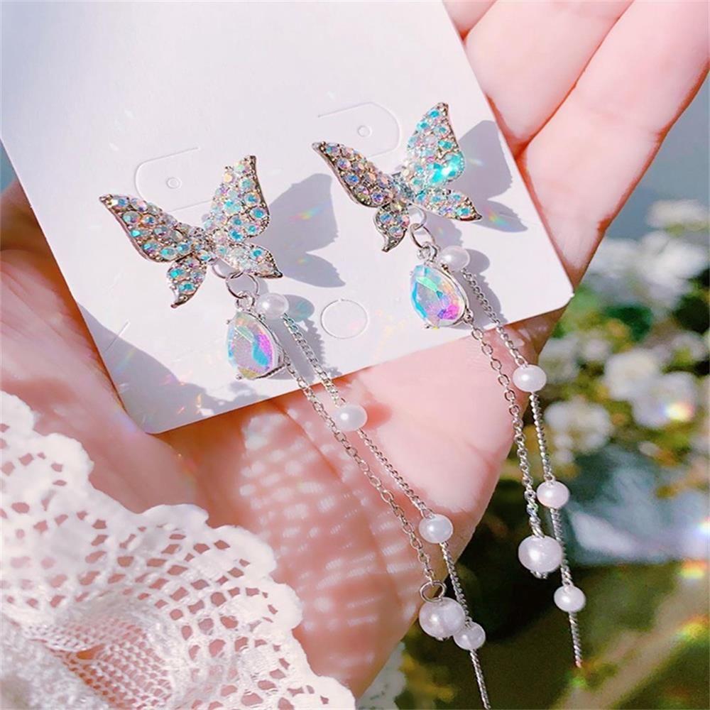 Fashion Long Pearl Chain Purple Silver Butterfly Earrings Drop Dangle Drop Earrings Shiny Butterfly