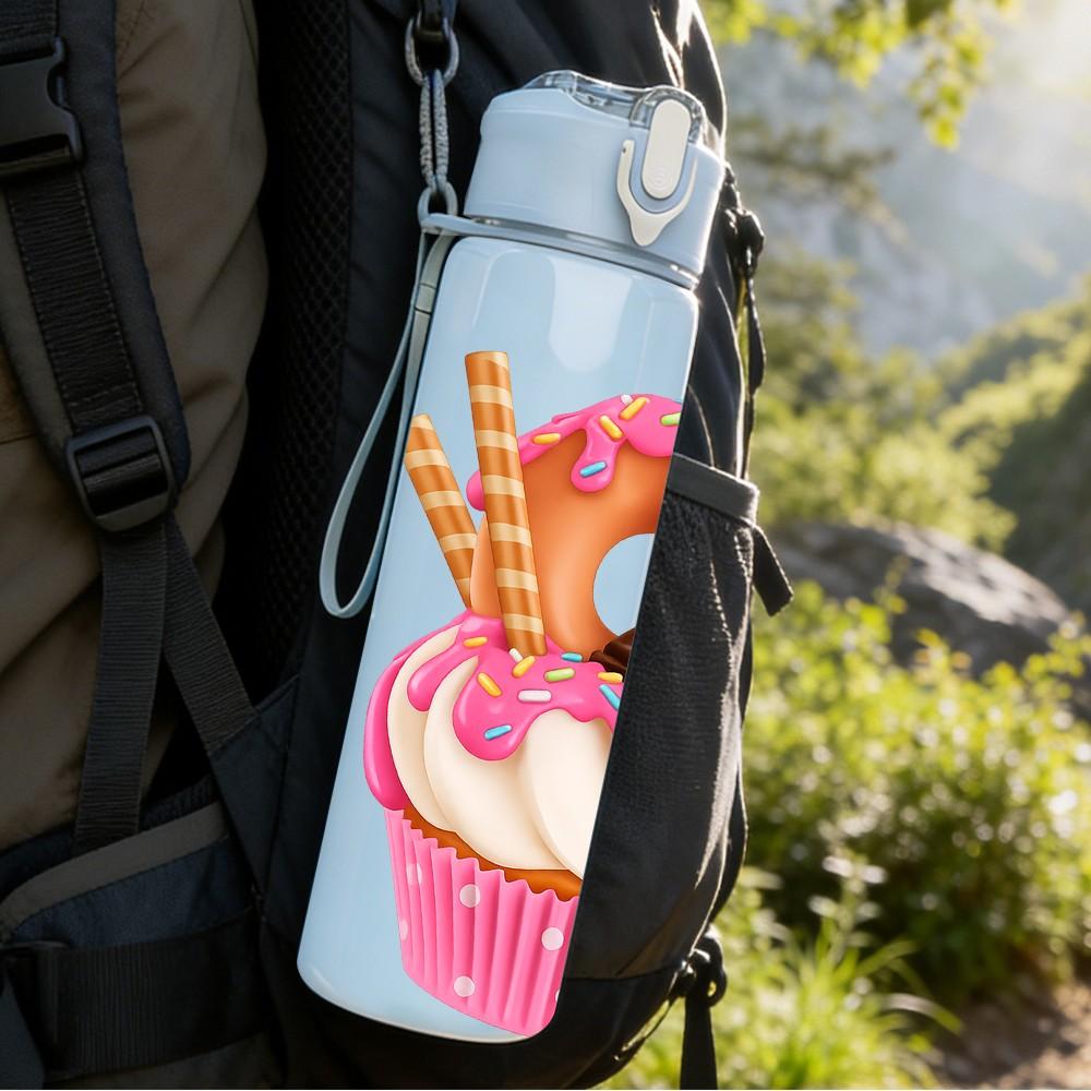 1PC Cupcake Cartoon Pattern 750ml Color Plastic Sports Water Bottle Leakproof Flip Straw Lid Suitable for Sports Office Home Use