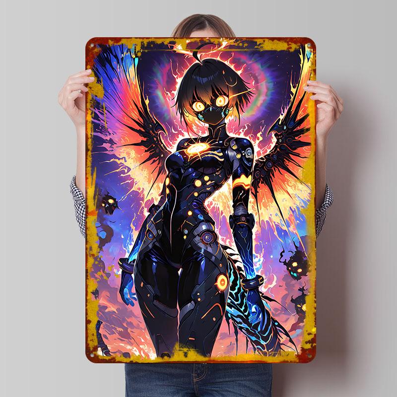 Cyberpunk Angel With Fiery Wings Tin Plaque Poster Customized Wall Art Retro Vintage Metal Signs for Man Cave Room Decoration