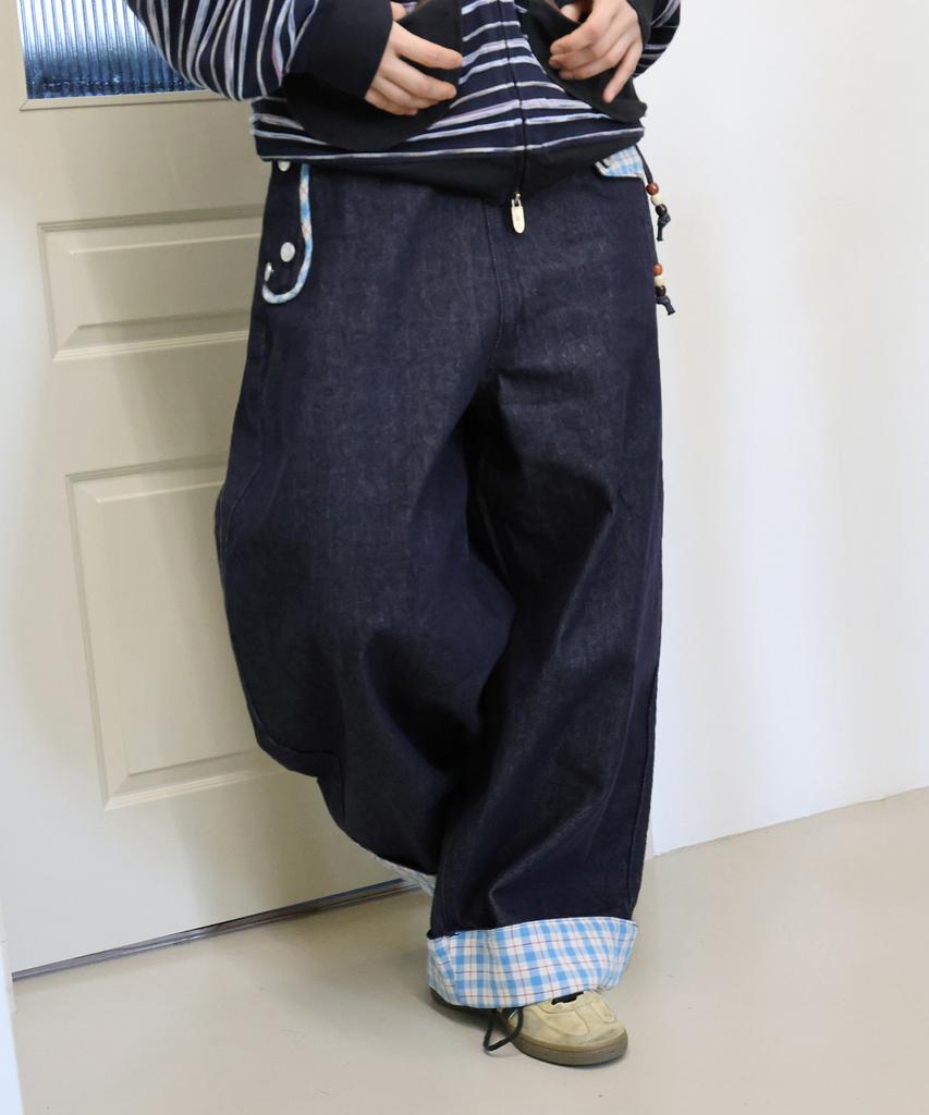 RuNaKi'Hu' Wxp085 Shiawase Check Color Block Balloon Pants (Indigo)