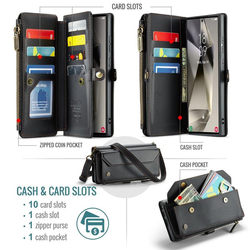 Luxury Leather Case For Samsung S24 FE S23 Ultra S22 S21 Plus S20 S25 A16 A17 A57 A55 A35 A54 A34 S26 Crossbody Lanyard Zipper Wallet Card Slot Cover