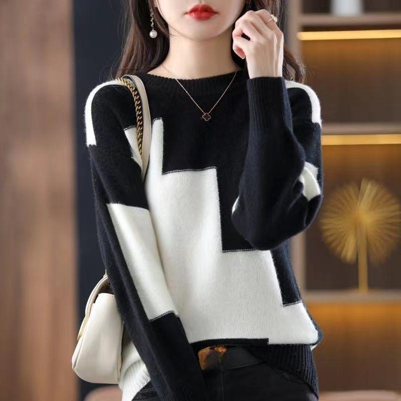 Sweater Women's Round Neck Color Matching Short Warm Soft Waxy Inner and Outer Wear Loose Pullover Knitted Bottoming Shirt