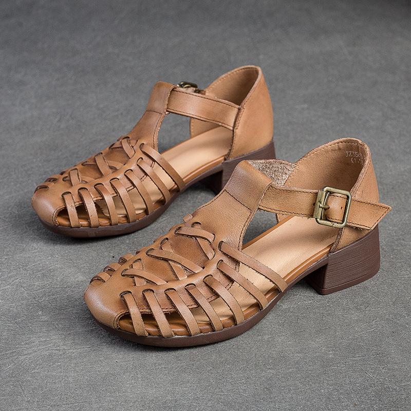 Johnature Uitgesneden Gebreide Ademende Sandalen Dames Retro Echt Leer Comfortabel Dikke Hak Schoenen