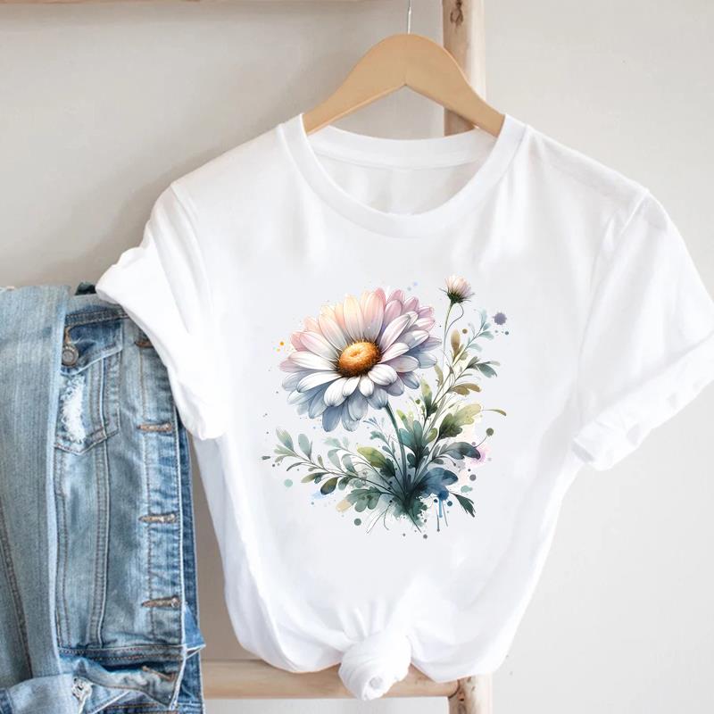 (Asian Size) Women Style Flower Trend Cute 90s Casual Top Clothing Fashion Print Lady Female Short Sleeve T Shirt Tee Graphic T-shirts
