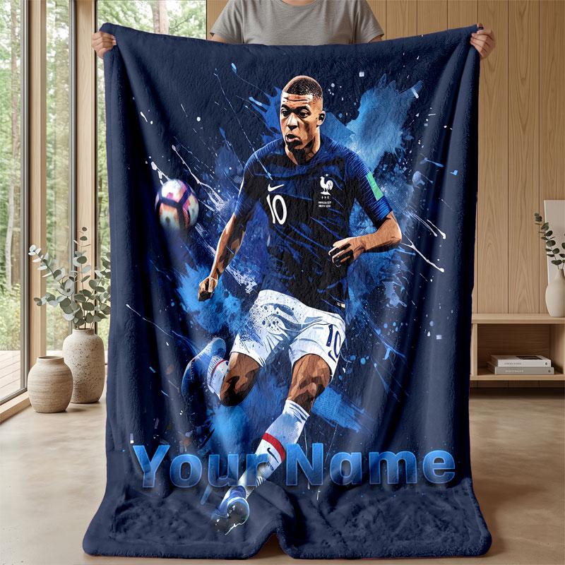 Kylian Mbappe Benutzerdefinierter Name Text Flanelldecke Fußball Logo Personalisierte Fleece-Wurfdecke Besonderes Geschenk für Sofa Schlafzimmer Zuhause