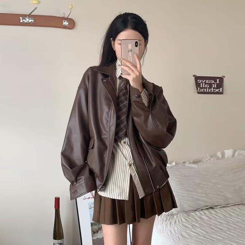 Vintage  Leather Women's Cropped Jacket Loose Fit Korean Style Motorcycle Jacket Stylish Petite Autumn  New Arrival