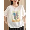 Temperament casual forens korte mouw top zomer nieuw katoen en linnen comfortabel literair retro ronde hals T-shirt dames