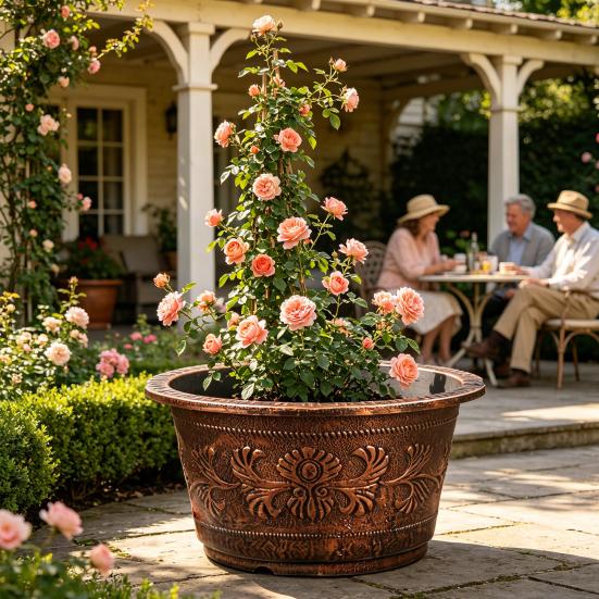 Flower Pot Thickened Resin Decorative Planter with Drainage Holes Large Capacity Bronze Embossed Outdoor Garden Flower Pot