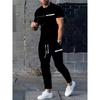 Color Block Letter Men's Set, Three-color Patchwork Short-sleeved Shirt And Long Pants, Simple And Casual