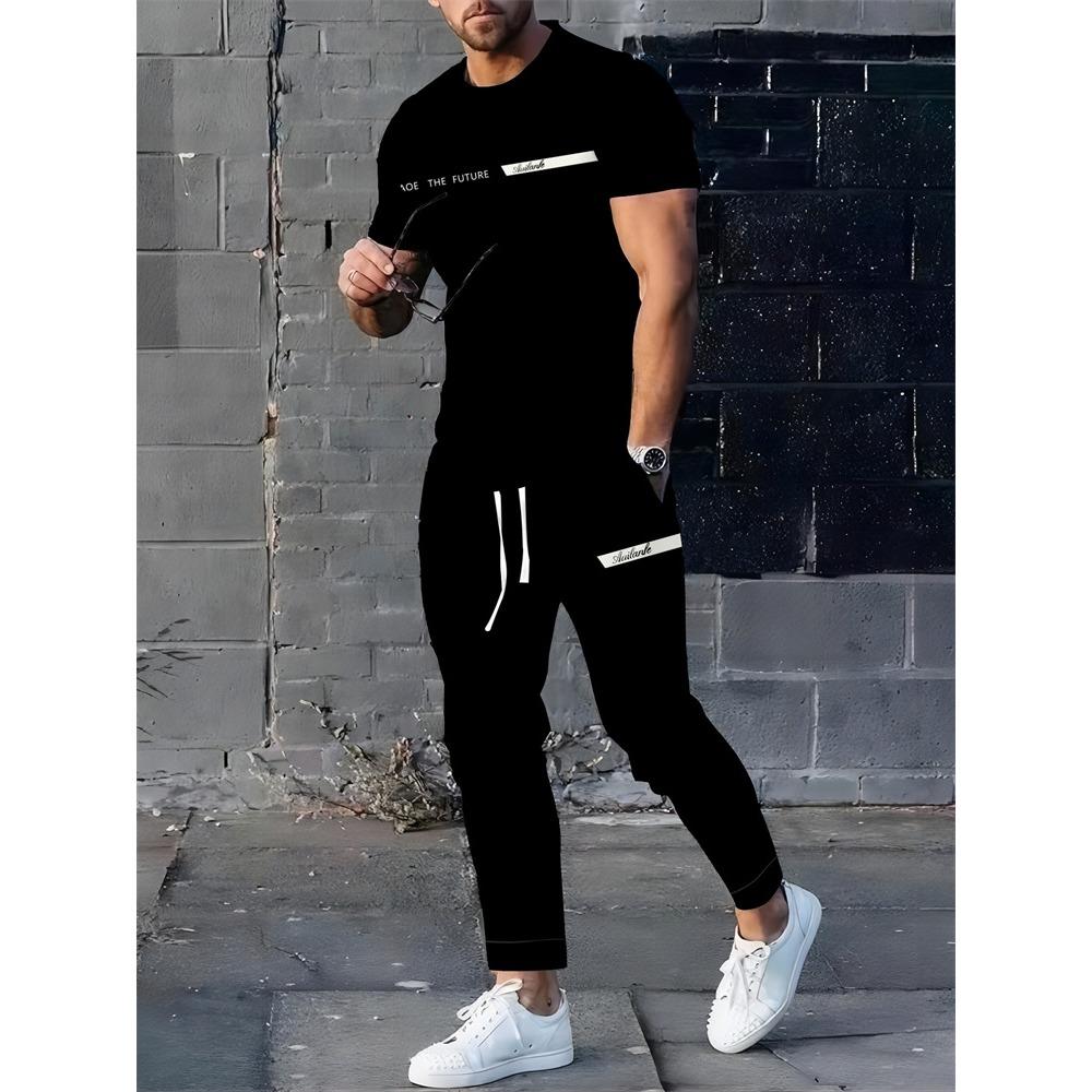 Color Block Letter Men's Set, Three-color Patchwork Short-sleeved Shirt And Long Pants, Simple And Casual