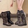 Stilvolle Retro Runde Spitze Plissierte Stapelstiefel Faltbar Im Herbst Und Winter Zwei-Trage Spice Girl Western Cowboy Stiefel Sehen Dünn Und Lang Aus