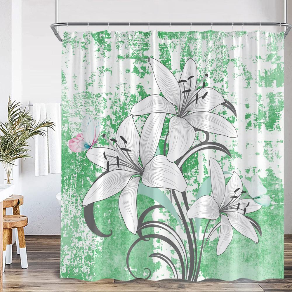 Lily Flower Vintage Shower Curtain White Lilies Floral Colorful Background Nature Plant Bath Decor Art Polyester Bathtub Curtain