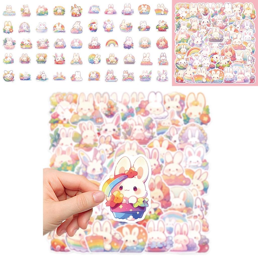 Cute Rainbow Bunny Stickers 50 Pack Pms125 Color Adhesive Decorations For Luggage Journals Phone Cases And More