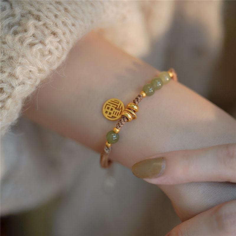 Ronde/Chinese Karakters Natuurlijke Hetian Jade Geluksbedeltje Geweven Gevlochten Armbanden Voor Vrouwen Meisjes Fijne Sieraden
