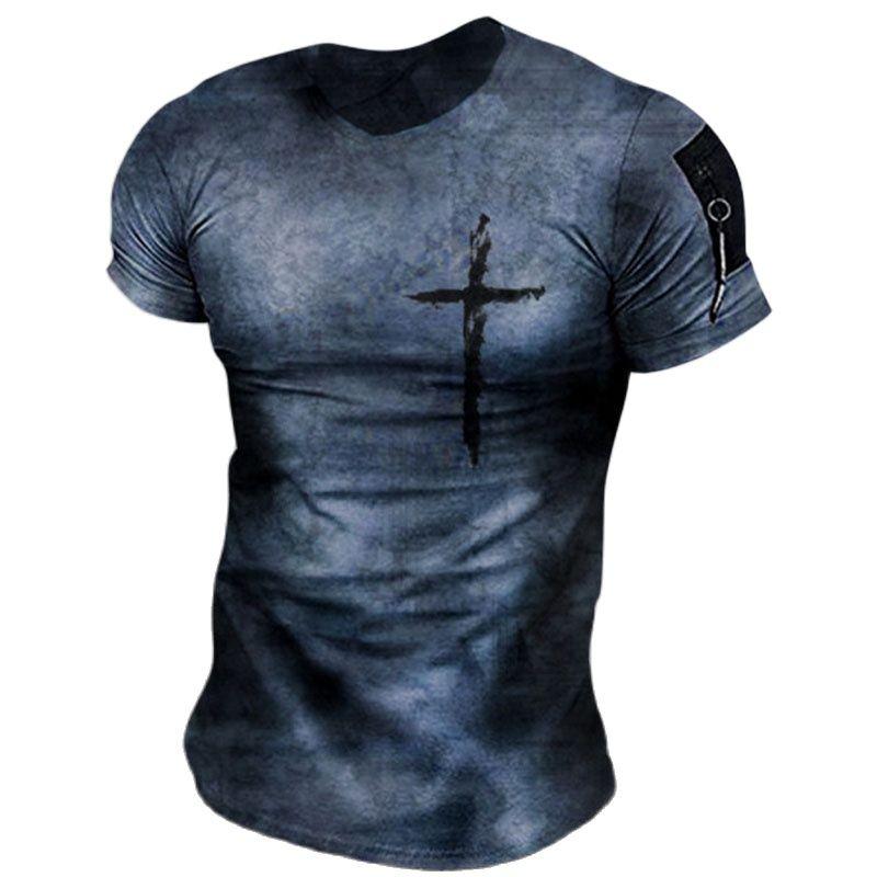 Vintage Pánská trička s potiskem Jesus Cross Letní Polyester Prodyšný Kulatý výstřih Volný Krátký rukáv Nadměrná velikost Rock Street Topy