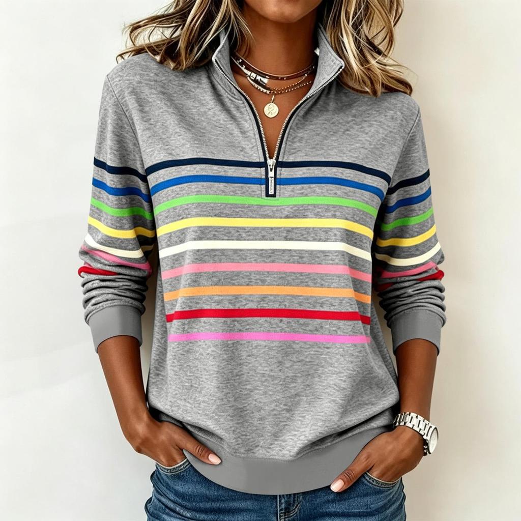 Women's Striped Zipper Front Lapel Collar Long Sleeve Sweatshirt Casual Pullover