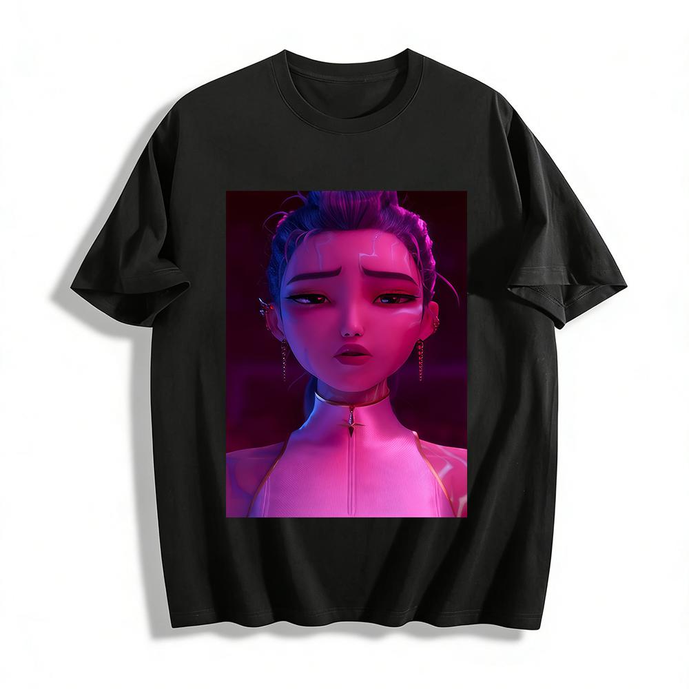 Cyberpunk Style Cool Girl Print Tops Trendy Streetwear Loose Casual Tees with Futuristic Purple Tone Design Pure Cotton T-shirt