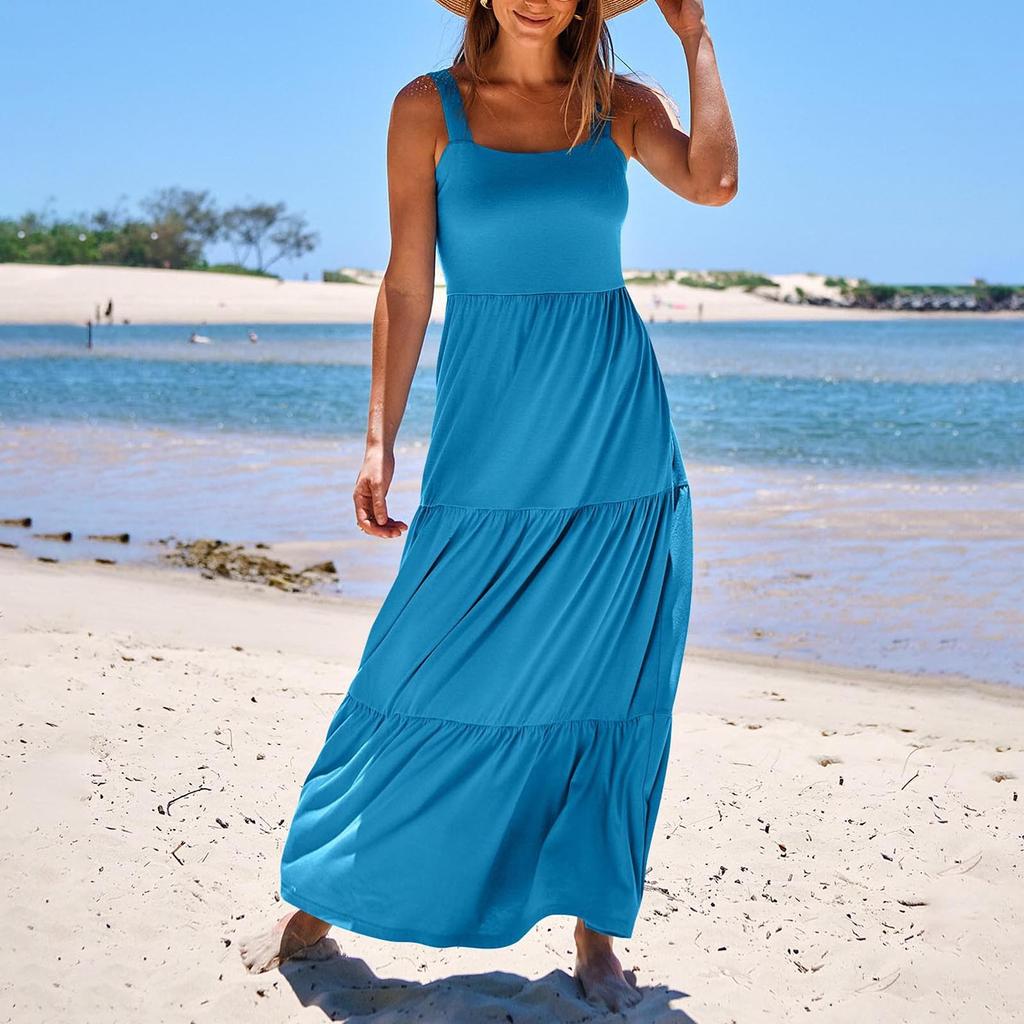 Women's Summer Casual Long Maxi Beach Vacation Dresses Sleeveless Square Neck Flowy Tiered Sun Dress With Pockets