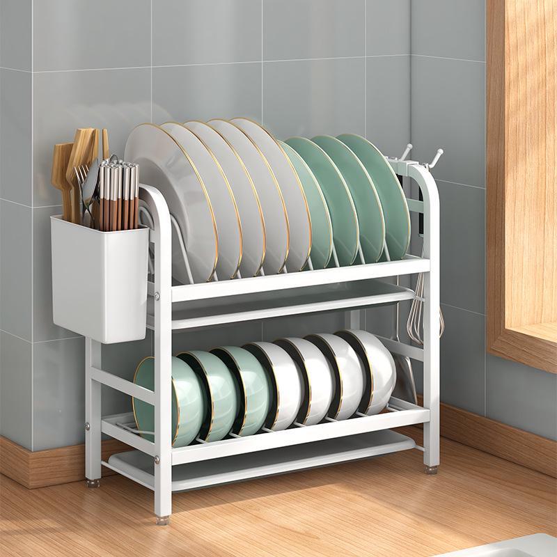 Dish and Bowl Storage Rack with Draining Feature and Utensil Holder