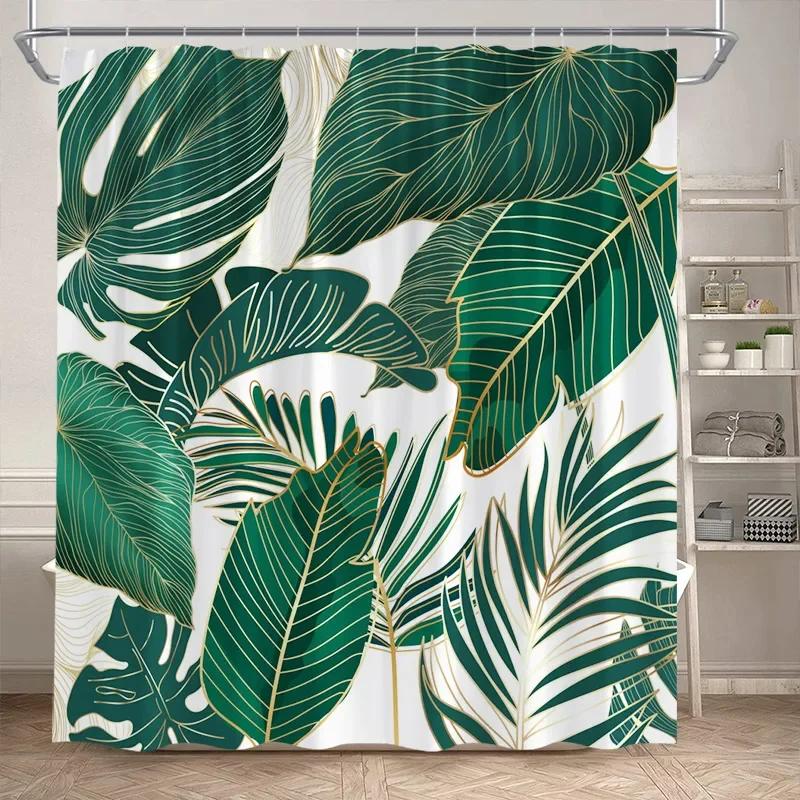 Leaves Shower Curtain Green PTropical Alm Leaf Monstera Plant Bath Curtains Set Polyester Fabric Home Bathroom Decor with Hooks