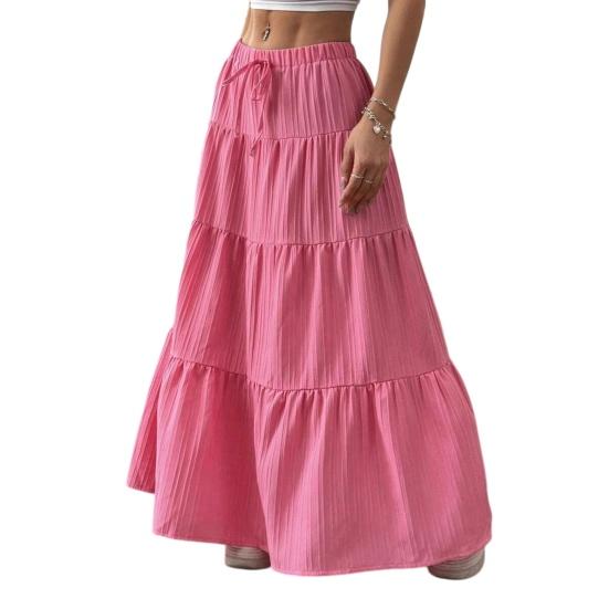 Women Long Skirt Spring Summer Middle Waist A Line Flowy Swing Skirt Breathable Solid Color Elastic Waist Drawstring Pleated Casual