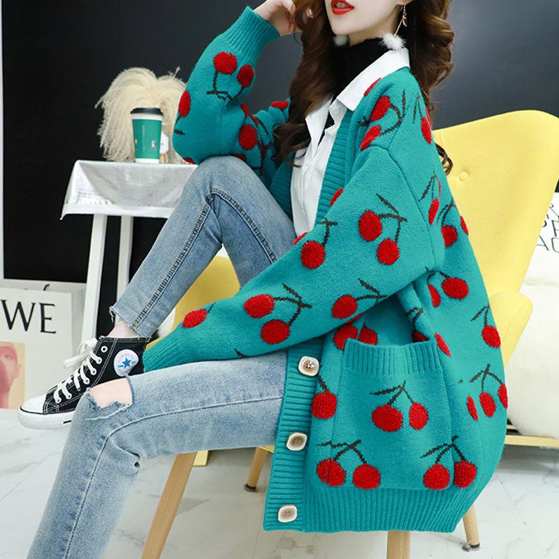 Women Fruit Printting Knitted Sweater Cardigans Single Breasted Long Sleeve Loose Sweater Tops
