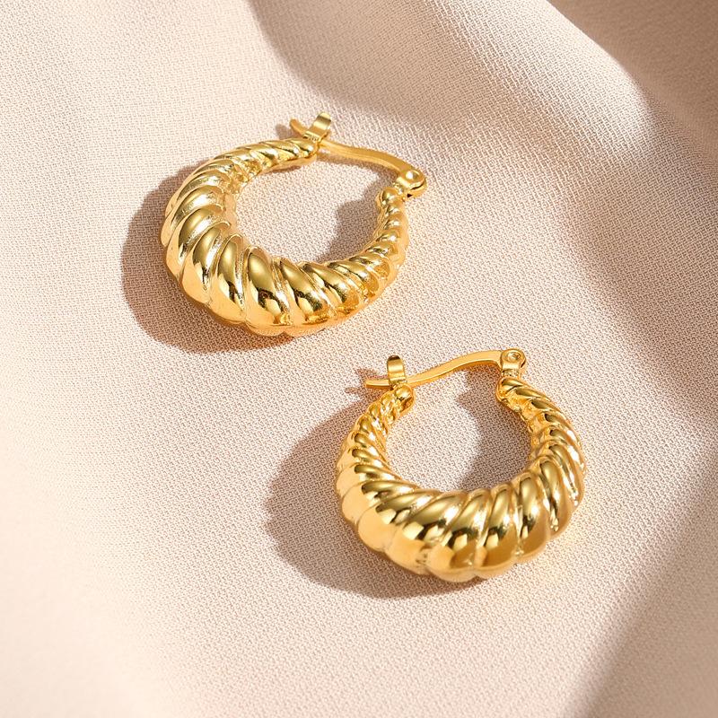 Crescent Oblique Thread Titanium Steel Ear Buckle Plated Real Gold Retro Stainless Steel Exaggerated Earrings Women'S Earrings