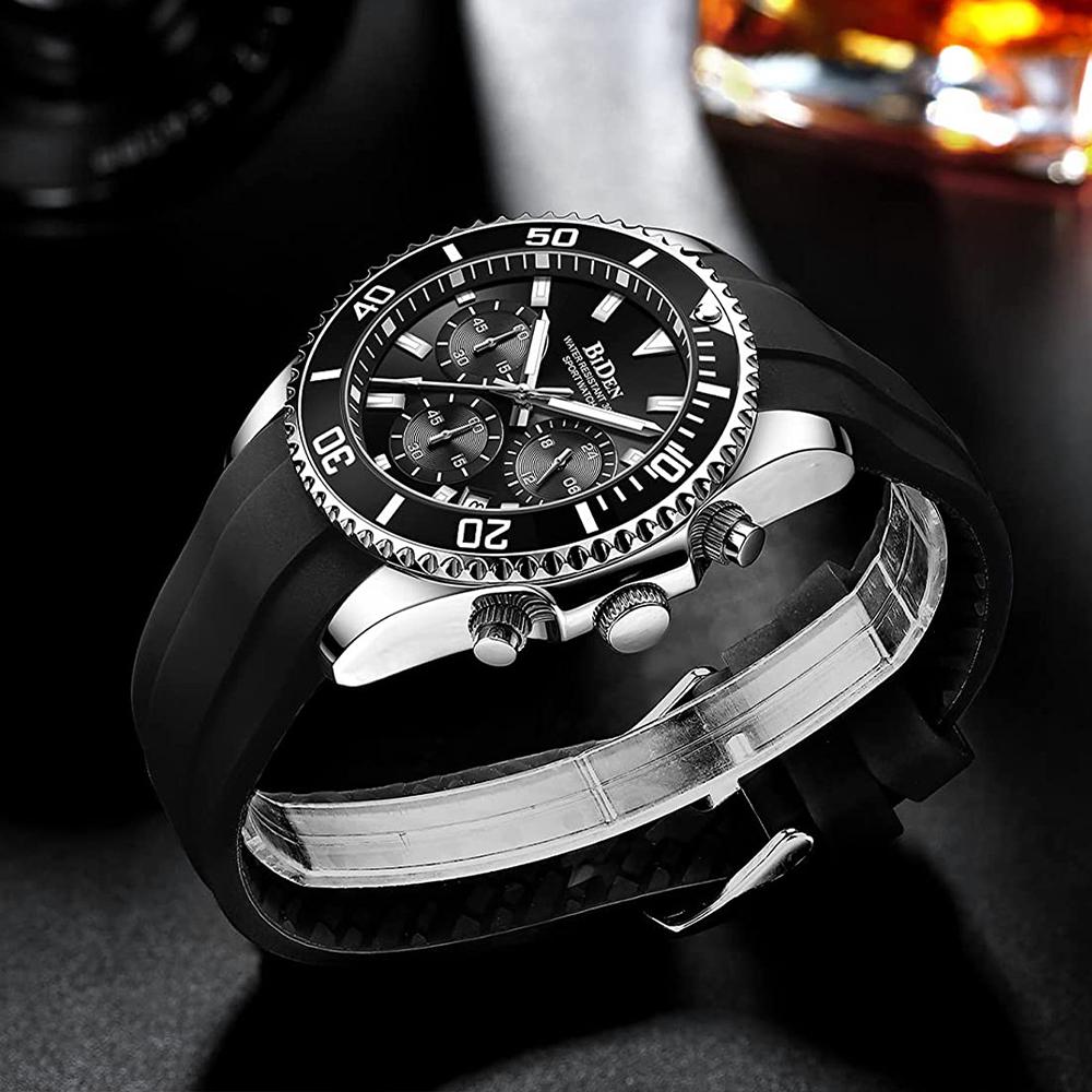 Sportliche Uhr für Herren, wasserdichte Chronographenuhr mit Mineralglas, Silikonarmband, Armbanduhr